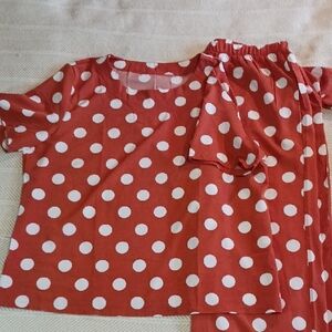 Polka Dot Y2K Wide Leg Pant Set - Earth Tone Rust and White